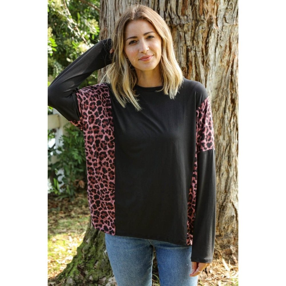 Leopard Print Color Block Dolman Loose Fit Top - Picture 4 of 10